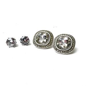 Rhinestone Fashion Earrings Lot 2 Silver Tone Classic Stud Sparkly Post Pierced